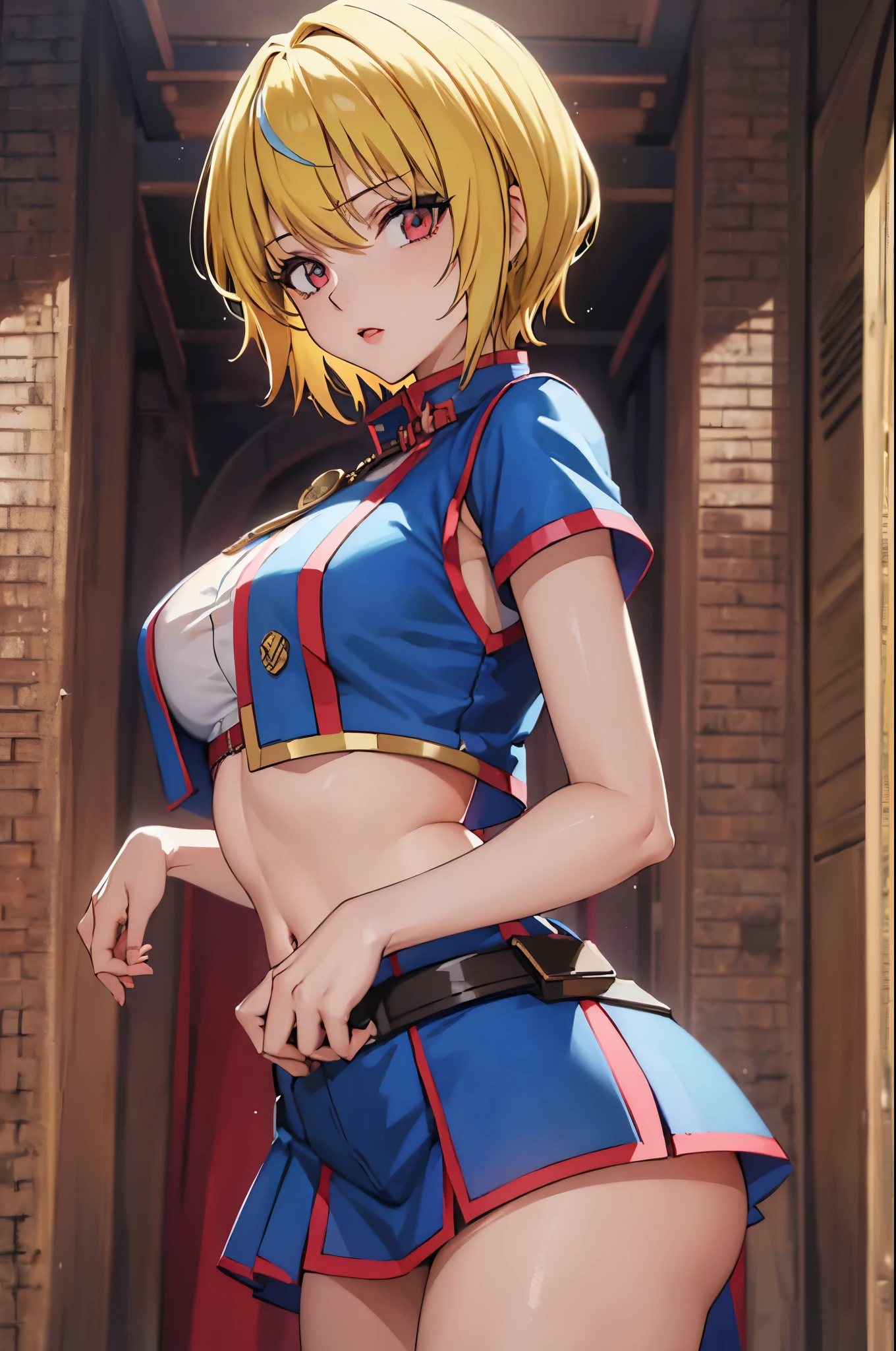 (masterpiece, best quality:1.2), expressive eyes, perfect face, highres, 1girl, solo, (female:1.5), Kurapika, red eyes , blonde hair, medium hair, blue tabard, white shirt, lipstick, shadow eyes, standing, cowboy shot, looking at the viewer
