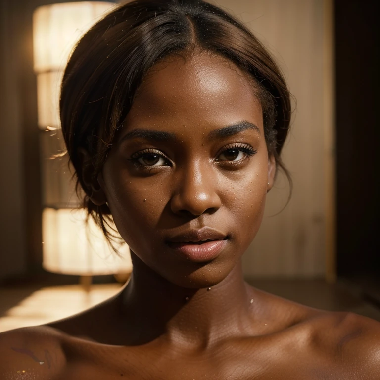 (best quality,4k,8k,highres,masterpiece:1.2),ultra-detailed,realistic,beautiful African girl with dark brown skin,brown eyes,short blonde hair and thin plump lips,illustration,studio lighting,vivid colors. with big (nsfw caution:1.1)