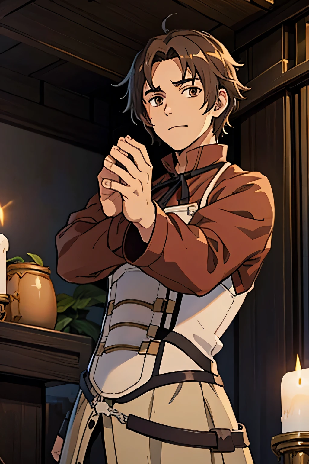 man with dark brown hair and brown eyes, estilo mushoku tensei, haciendo distintas caras y poses. fondo blanco