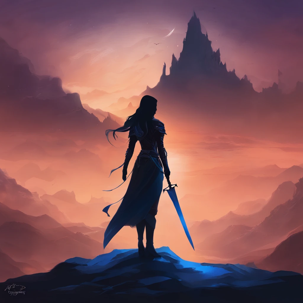 ein Bild eines Kriegers, eroberte seinen Geist, Silhouette, Kriegsszene, dark and gloomy, profilbild, blaue berge female, bow, sword