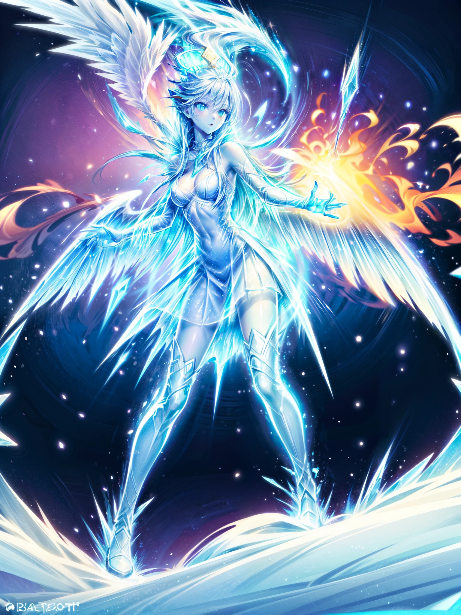 fantasy art, RPG art, icestyle a picture of an (ice sculpture: 1.5) (ultra detailed, Masterpiece, best quality: 1.4) of an (icy: 1.4) female angel (ultra detailed, Masterpiece, best quality: 1.3) spread angel wings angel_wings (ultra detailed, Masterpiece, best quality: 1.3) made from ice, fiery halo red fire, flame hair, fantasy temple background best quality, 16k, [ultra detailed], masterpiece, best quality, (ultra detailed), full body, ultra wide shot, photorealistic