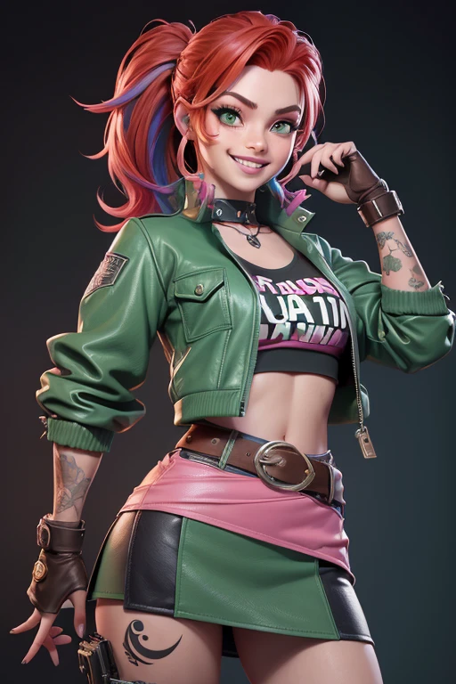 obra prima, melhor qualidade, ((only one woman,)) ((christy mack, tan skin, light brown punk hair)) head back, ((sexy sultry wicked look, shiny wet pink lips, open mouth, pucker mouth,)) thick smoky black eye shadow, long fake eyelashes, ((wearing magenta leather biker blazer,)) ((jacket is unzipped and wide open, small breasts, nip slip,)) jacket has padded puff shoulders, shiny leather gloves, ((magenta micro mini leather skirt,)) body is skinny, shiny tight buttocks, sexy glamour pose, arched back, (camera view of whole body,) looking up at me, shallow depth of field, highres, HD, 8k, anatomically correct