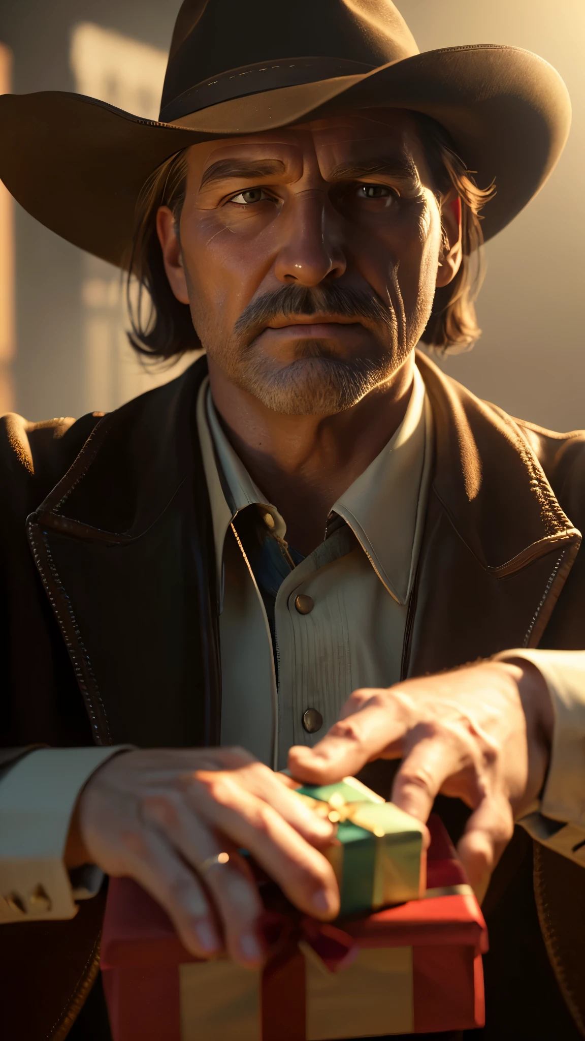 (gift:1.2), Realistic and perfect face portraits, Perfect hands,Gabe Newell, Close-up portrait oil painting, 19th century cowboys, Octane Rendering, Unreal Engine 5, 8k, atmosphere (Lighting:1.3), Complex, detailed, art：Frederick Remington, By H.W. Hansen, by Charles Marion Russell, by William Herbert Dunton