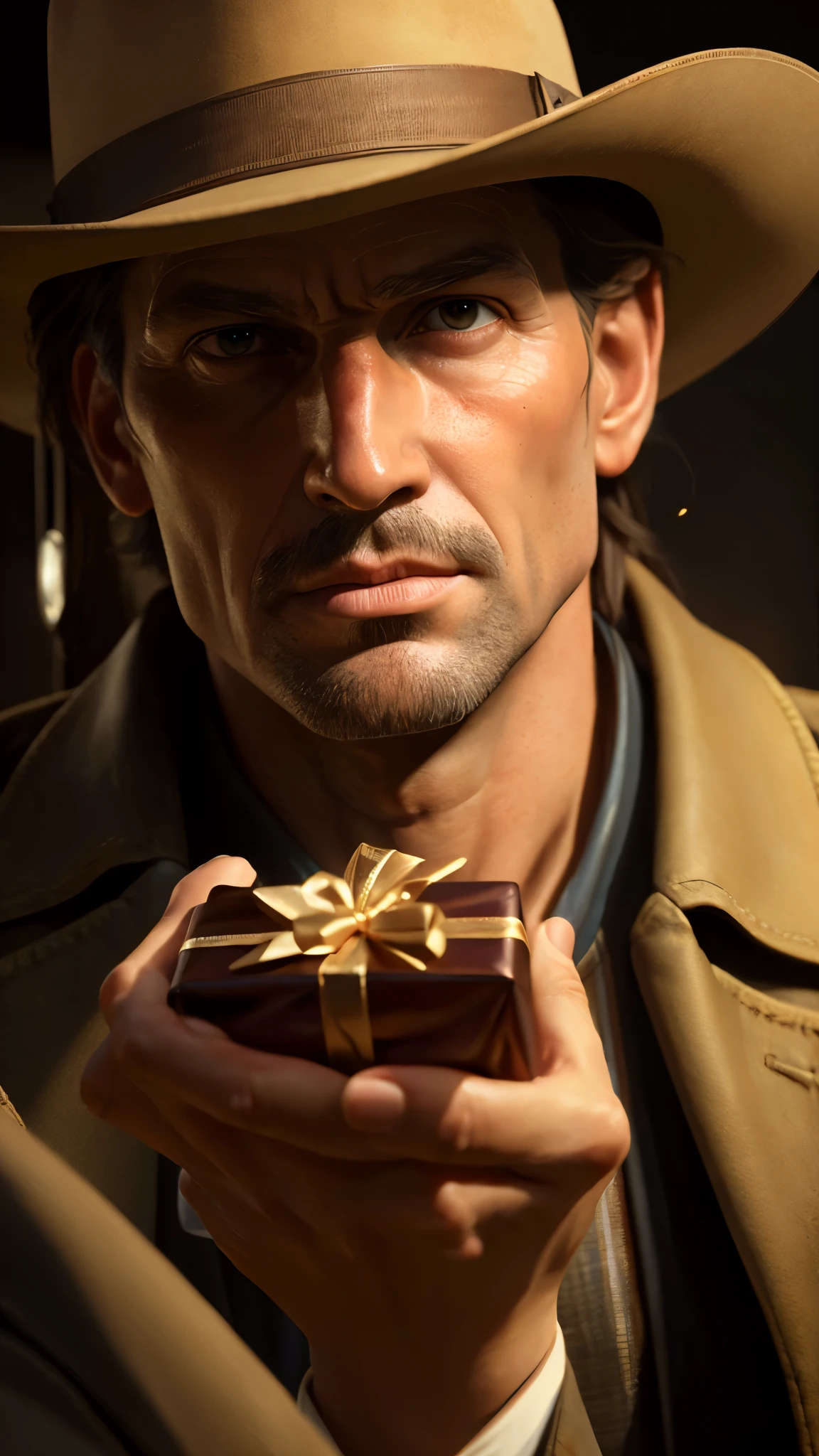 (gift:1.2), Realistic and perfect face portraits, Perfect hands,Gabe Newell, Close-up portrait oil painting, 19th century cowboys, Octane Rendering, Unreal Engine 5, 8k, atmosphere (Lighting:1.3), Complex, detailed, art：Frederick Remington, By H.W. Hansen, by Charles Marion Russell, by William Herbert Dunton