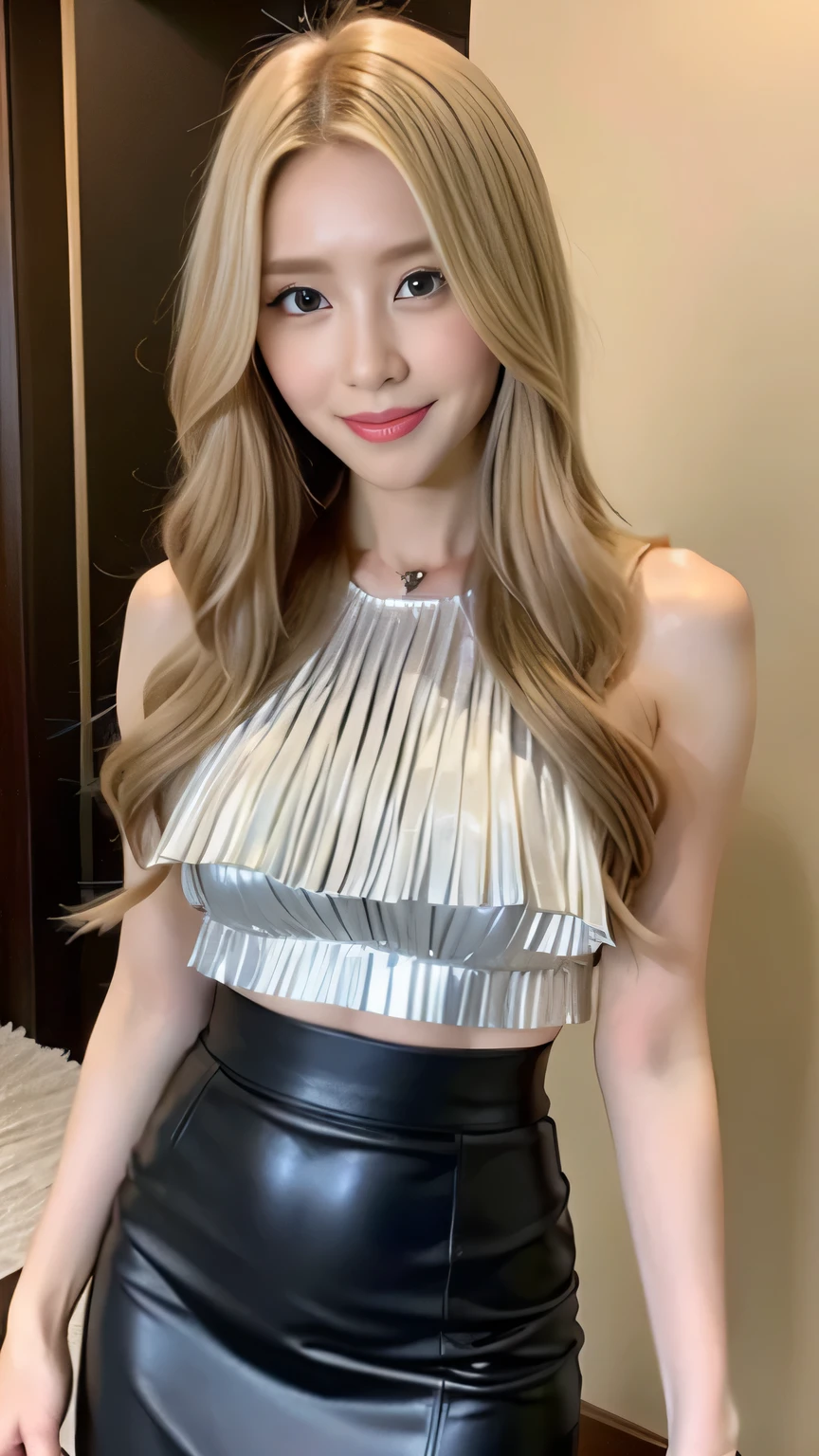 Long blonde fringed hair、1girl in、The sheen、Silver Blouse、Leather、tight skirts、(top-quality:1.4)、(超A high resolution:1.2)、(A detailed eye)、a room