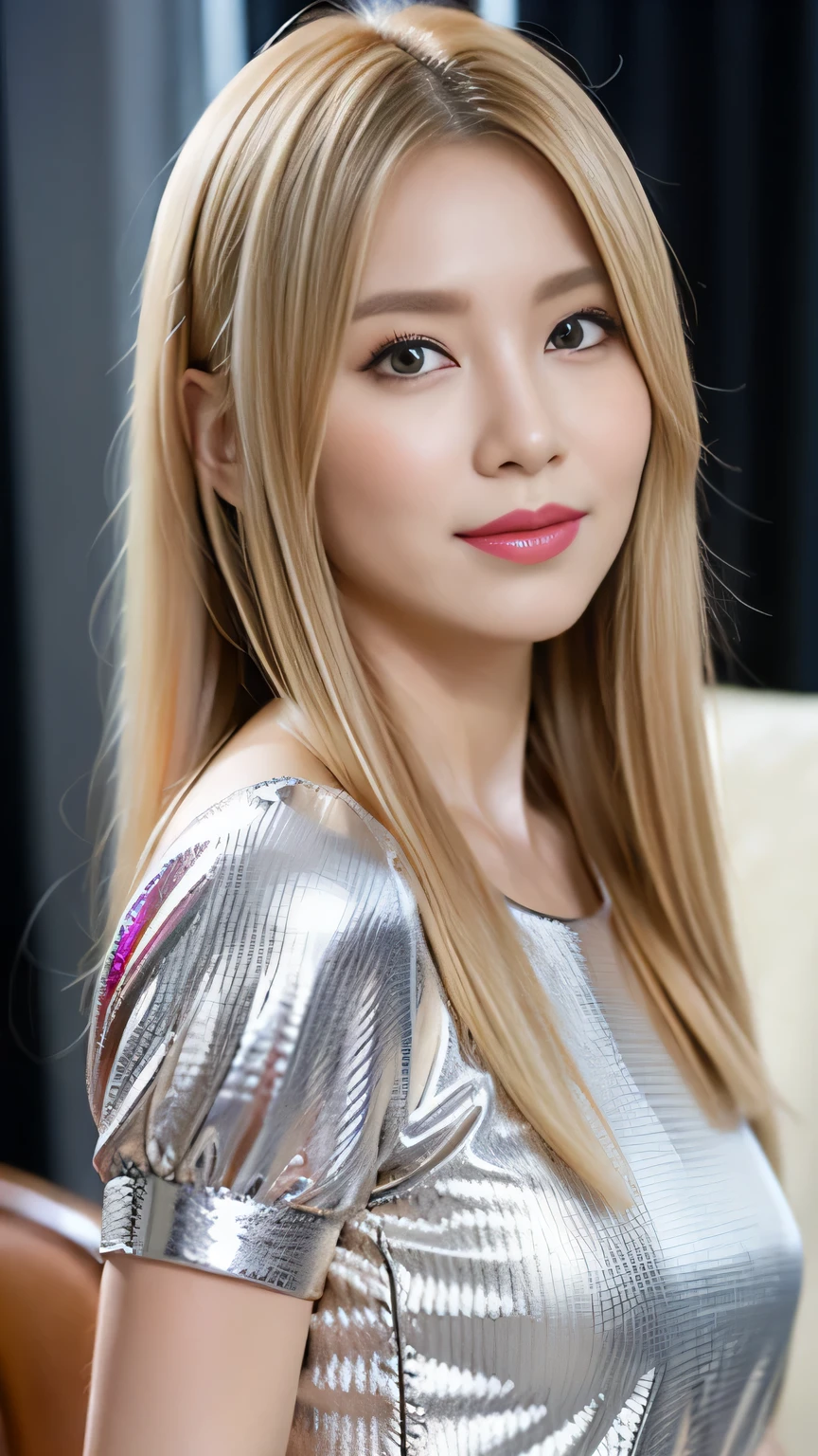 Long blonde fringed hair、1girl in、The sheen、Silver Blouse、Leather、tight skirts、(top-quality:1.4)、(超A high resolution:1.2)、(A detailed eye)、a room