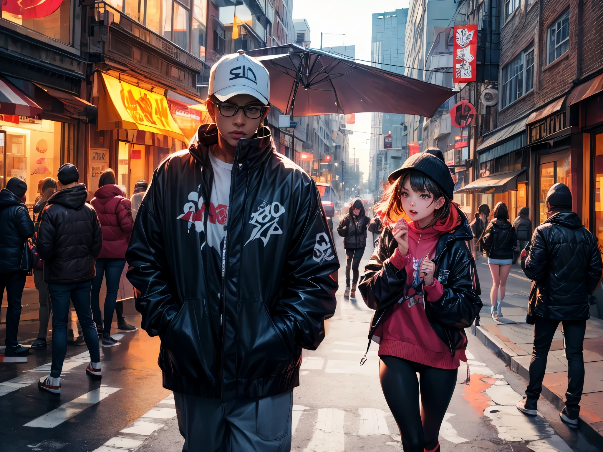 (highres:1.2),ultra-detailed,realistic,sharp focus,colorful,graffiti-covered walls,girl rapper street performer,vibrant clothing,Hip Hop singer,singing passionately,energetic performance,street art backdrop,urban atmosphere,bustling street scene,hustle and bustle,expressive facial expressions,dynamic pose,funky accessories,microphone in hand,confident stage presence,attention-grabbing fashion style,unique street style,city nightlife,neon lights illuminating,street fashion culture,youthful energy,cheering crowd,positive vibes,hip-hop culture,urban music scene,music and art fusion,stylish sneakers,urban graffiti culture,paint-splattered streets,urban talent showcase,vivid colors,eye-catching visuals,high-energy performance,electric atmosphere,musical expression,urban lifestyle