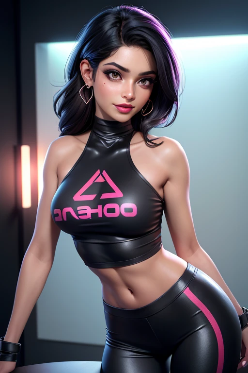 uma mia khalifa pornSatr, (com frekleS), (roSto corado:1.2), batom roSa,maquillaje negro,(maSter part),  (ViSta aproximada do roSto:1.3), garota caucaSiana bronzeada (21 anoS:1.2), com pernaS muito longaS, pelo rubio, S, Cuerpo delgado, very small waist, (AbS:0.7), small breast, quadriS pequenoS, , (olhoS azuiS brilhanteS:1.2)(Smoky eyeShadow, delineador de ojos negro, red lipS) de pie y mirando al espectador (legging e camiSa)(Conceito de Sala de jogoS)(cyberpunkinterior) piel mojada, Sun illumination, vivid colorS, fotorrealiSta, HD, (hdr), 8k, cinematic lighting,coreS ricaS textura realiSta hiper realiSta,