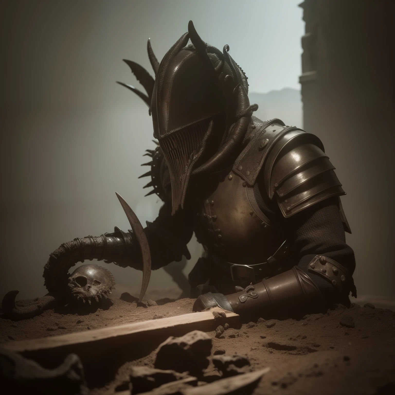 (extremadamente detallado, obra maestra, La mejor calidad), Estilo oscuro, intense illumination, rostro con arrugas, soldier, medieval armor, rusted, axe, tentacle, monstruoso, interior de una piscina de agua verdosa, imagen submarina, alien con Colmillos finos. manchas de tinta. Rococo composition. Luz de caravaggio