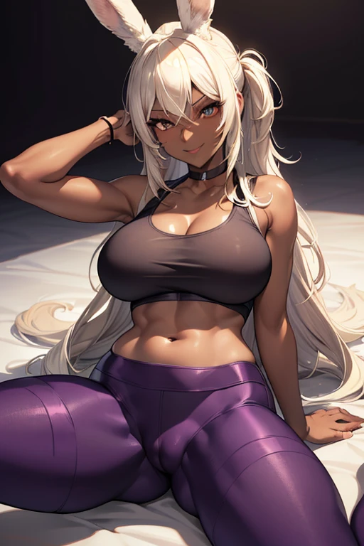 (masterpiece), best quality, highly detailed faces, (SHARP details), 4k, highly detailed, expressive eyes, SHARP detail expressive eyes, (SHARP detail perfect face), ((dark skin)), (bunny ears), (viera), ((platinum blonde hair)), (choker) amber eyes, long and wild hair, (mature woman), (big breasts), smiling, toned body, standing, (wearing white tank top), ((wearing purple yoga pants)), ((solo)), wide hips, (((view from front))), cameltoe, sitting, smile, midriff, lying on back, (legs up), spread legs, (lifted legs), crotch focus,