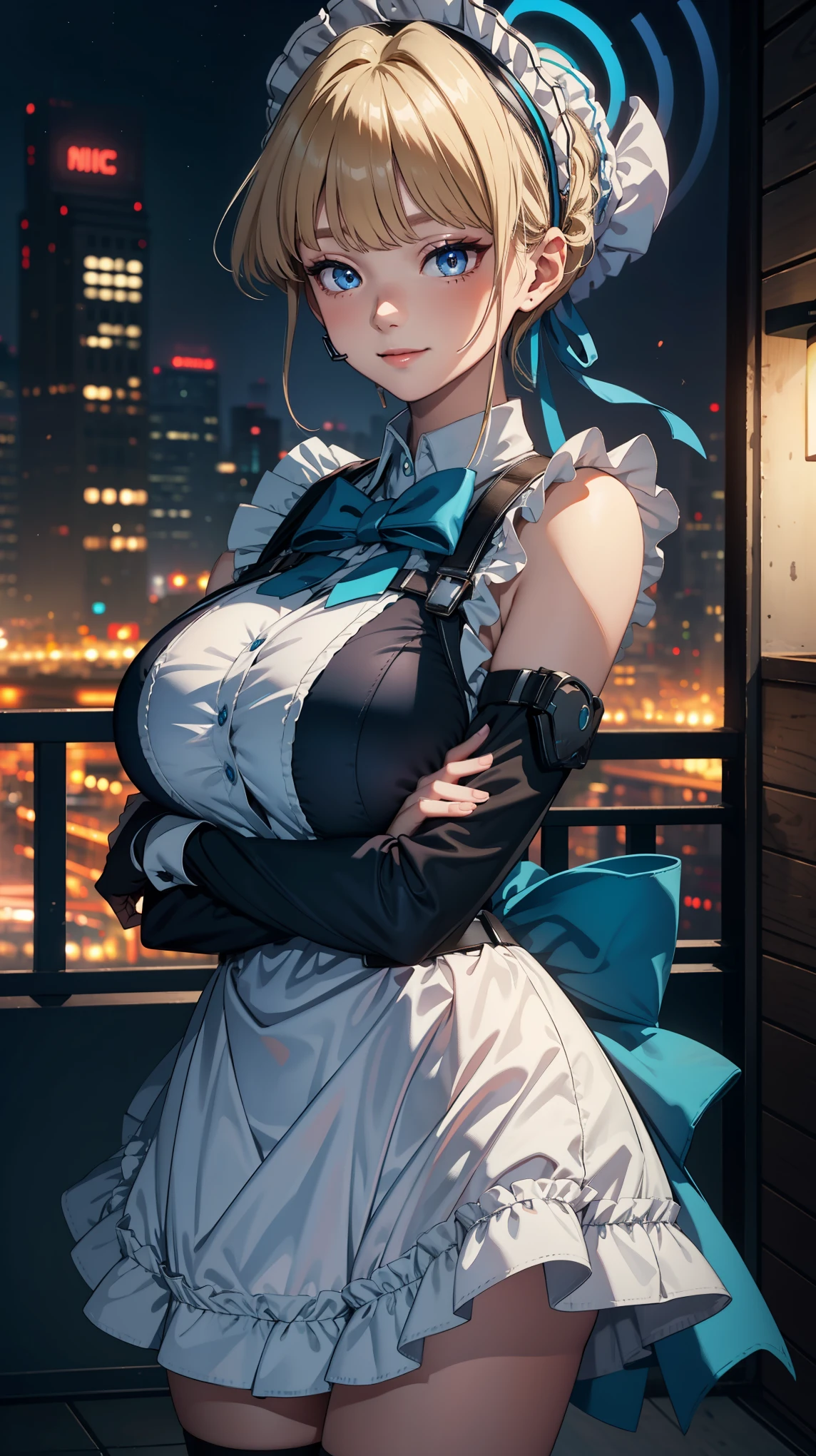 Masterpiece, ultra detail, high quality, 8k cg, gigantic breasts, tokidef, night, blush, smile, bright eyes, standing, (eyes shining:1.5), (crossed arms),