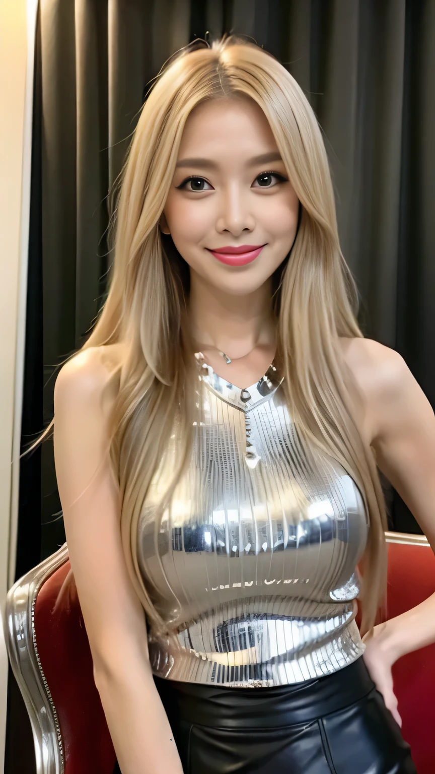 Long blonde fringed hair、1girl in、The sheen、Silver Blouse、Leather、tight skirts、(top-quality:1.4)、(超A high resolution:1.2)、(A detailed eye)、a room
