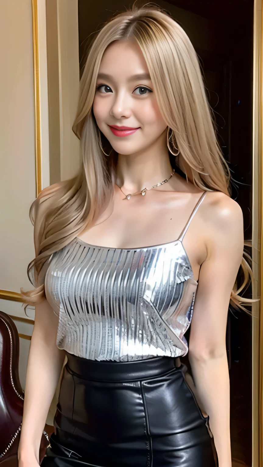 Long blonde fringed hair、1girl in、The sheen、Silver Blouse、Leather、tight skirts、(top-quality:1.4)、(超A high resolution:1.2)、(A detailed eye)、a room