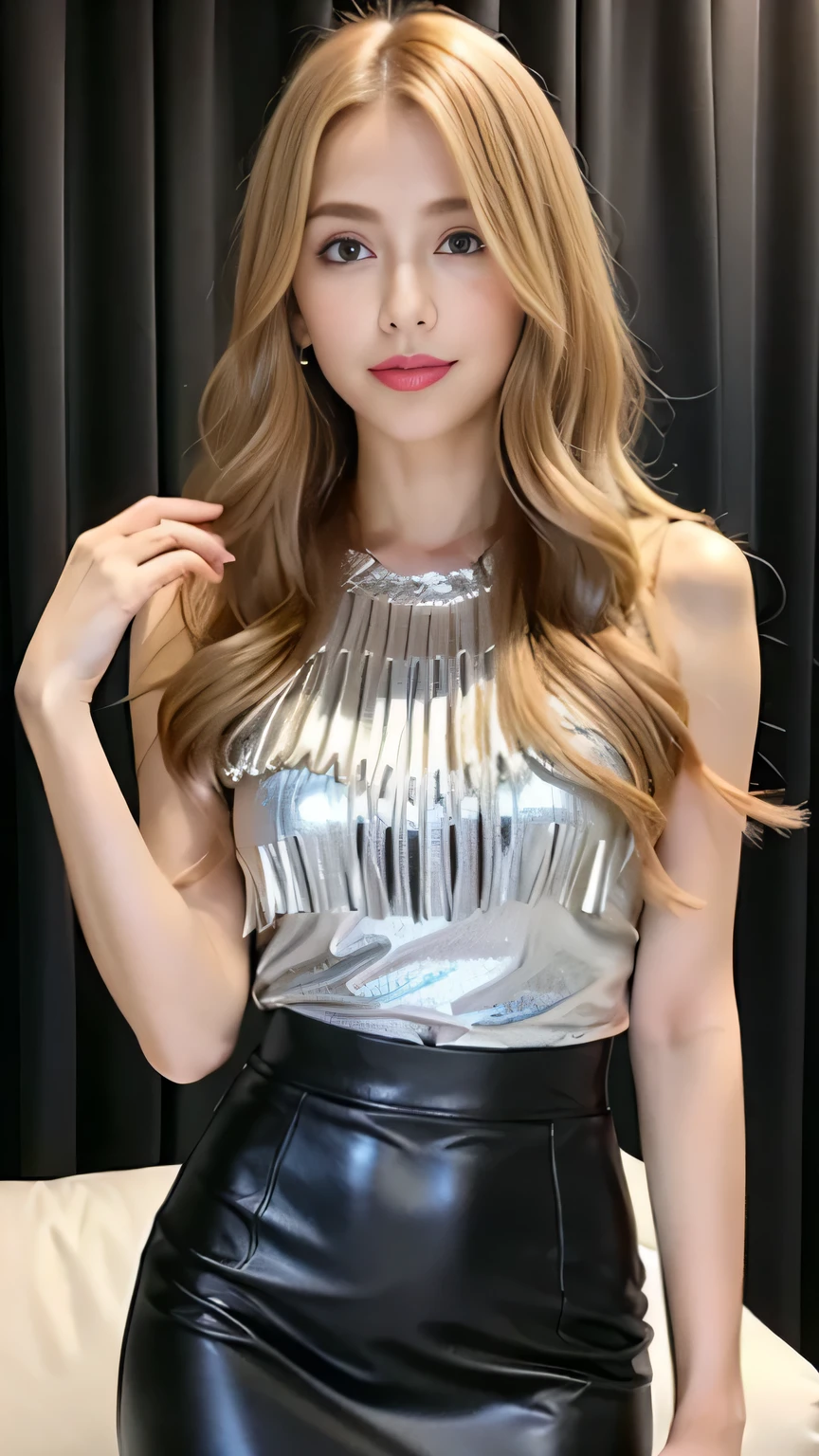 Long blonde fringed hair、1girl in、The sheen、Silver Blouse、Leather、tight skirts、(top-quality:1.4)、(超A high resolution:1.2)、(A detailed eye)、a room