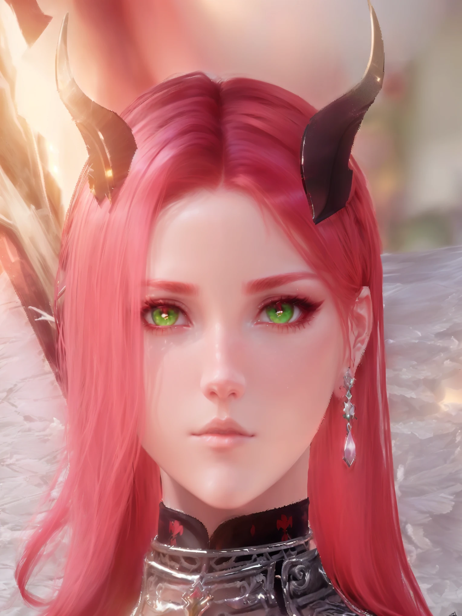 close-up of a woman with red hair and horns on her head, character close up, character close up, character close up, with a very detailed face, from 8 thousand. character details, pink hair in a ponytail and green eyes, Soft,