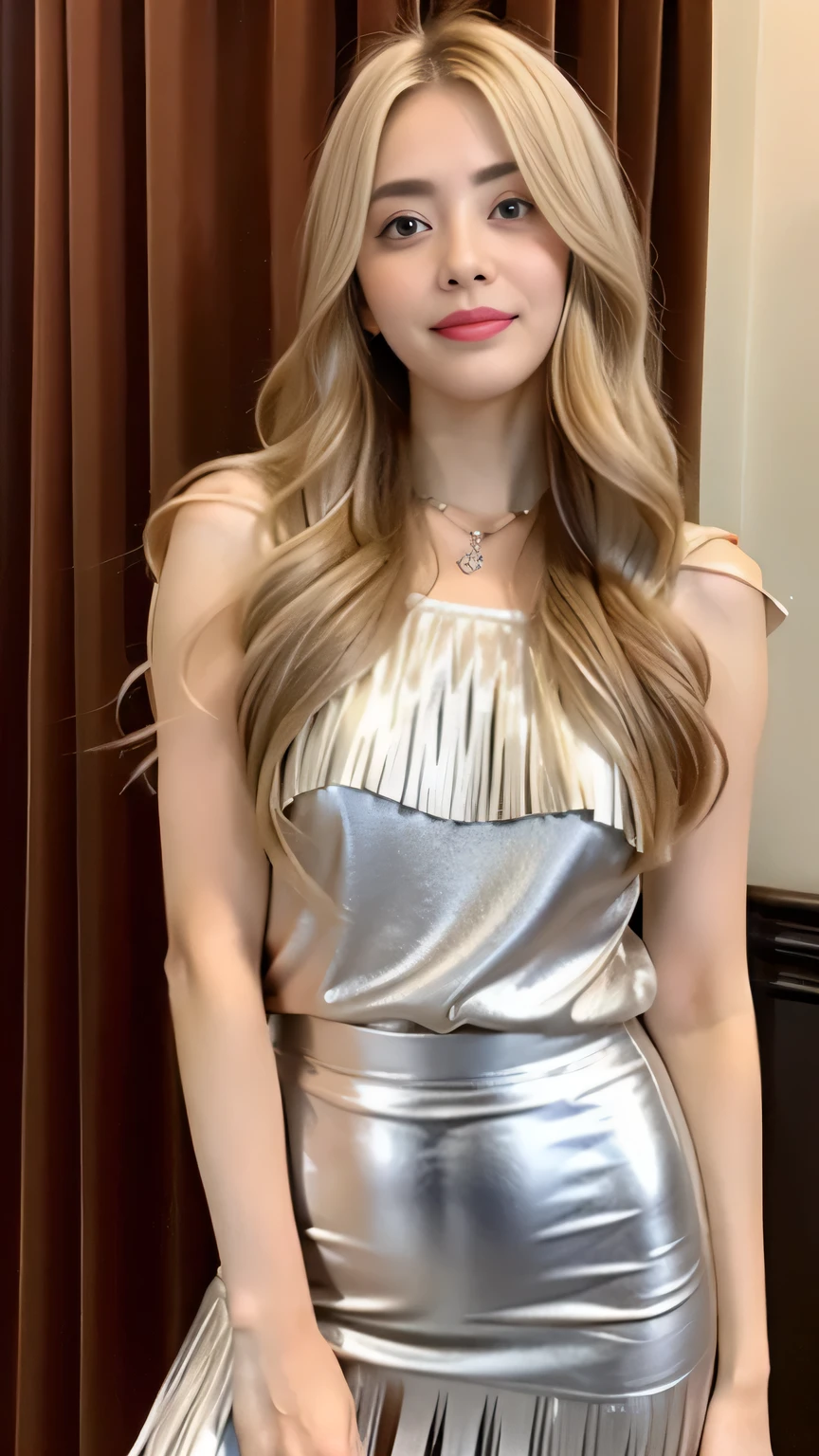 Long blonde fringed hair、1girl in、The sheen、Silver Blouse、Leather、tight skirts、(top-quality:1.4)、(超A high resolution:1.2)、(A detailed eye)、a room