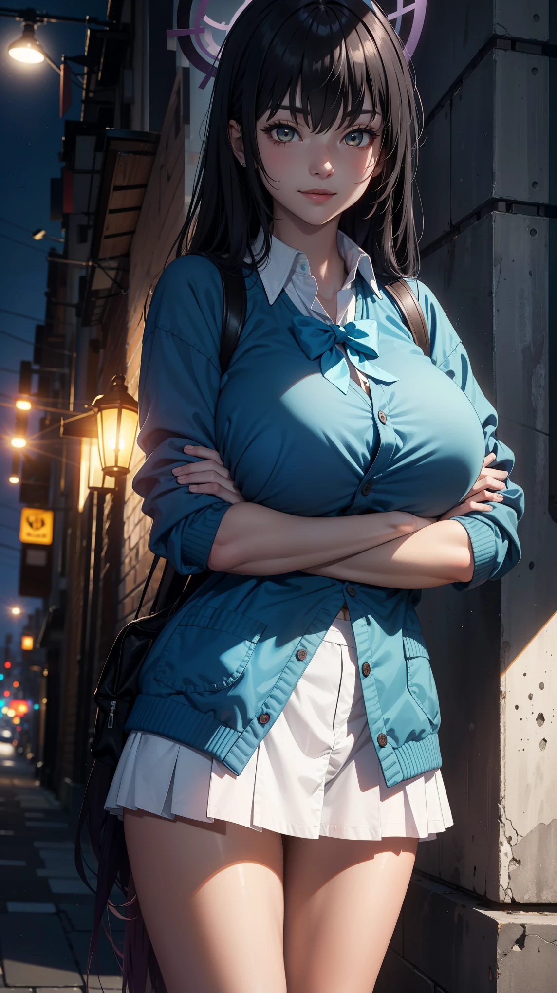 Masterpiece, ultra detail, high quality, 8k cg, gigantic breasts, karincasual, night, blush, smile, bright eyes, standing, (eyes shining:1.5), (crossed arms),