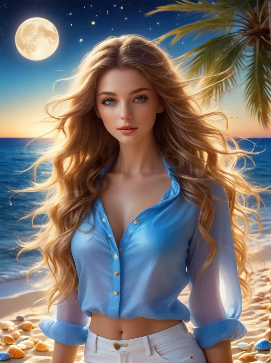 (Vision:1.5)，night，(Romantic Blue Coast:1.5)，Coastal Focus，Beautiful woman with long flowing hair and white hot pants，Relax on the beaches of the picturesque French Riviera，The white sandy beach blends perfectly with the clear blue sea，nearby，Colorful shells scattered randomly，Tall and sturdy palm trees sway gently in the moonlight，Give the quiet earth a layer of deep night light，Fairy Tale Style，Light and shadow mottled，Fantastic surreal，White plaid shirt，Starlight，Real photography，Anatomically correct，Golden ratio figure，Beautiful facial features