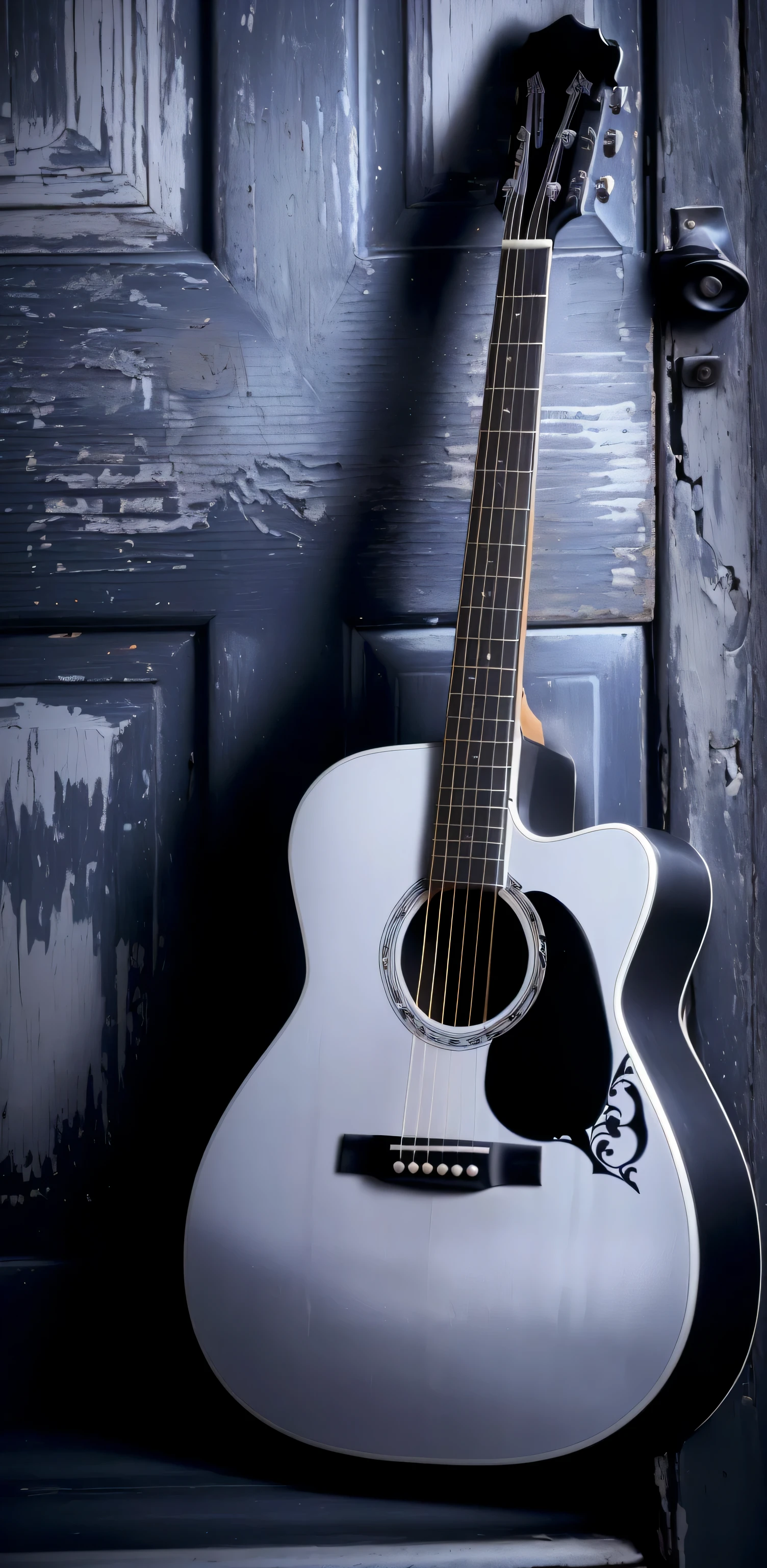 there is a guitarra sitting on a stand in front of a door, Violãora, classical guitar, guitarra, foto de retrato, real guitarras hanging on the wall, closeup foto de retrato, close up foto de retrato, em um fundo escuro, detailed foto de retrato, fotografia aproximada, foto tirada, carregado, foto ainda, blues, um close-up