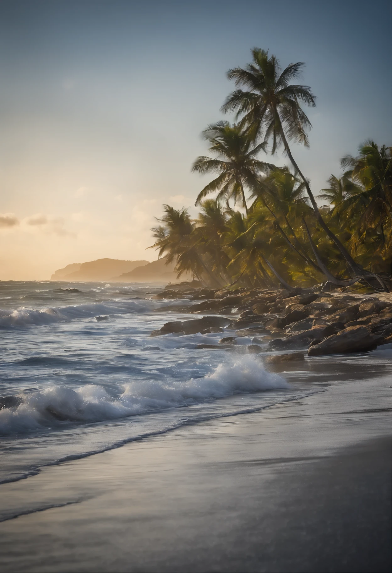 (main subject)blue coastal scene, (material)digital illustration, (additional details)white sandy beach, gentle waves crashing on the shore, seagulls flying in the distance, palm trees swaying in the wind, (image quality)best quality, ultra-detailed, HDR, (artistic style)landscape, (color tone)cool tones, (lighting)soft sunlight illuminating the scene