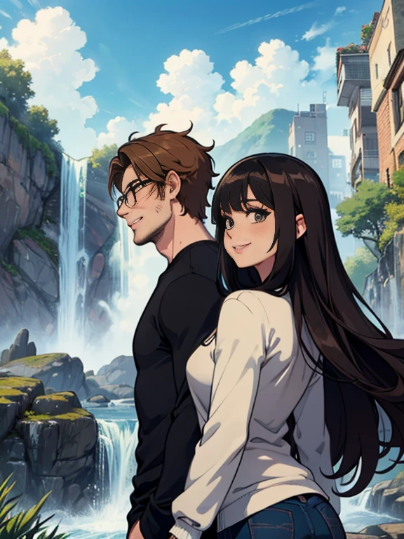 masterpiece, anime, cute, romantic, highest quality, 2Other, Couple, mature, Adult, Height difference, Different Fashion, Different colors, Casual clothing, Long sleeve, smile, Happy, like, Swirling Wind, blue sky, Long-haired men, light brown haired man, Black-haired woman, Woman with long hair, Woman wearing glasses, city, waterfall