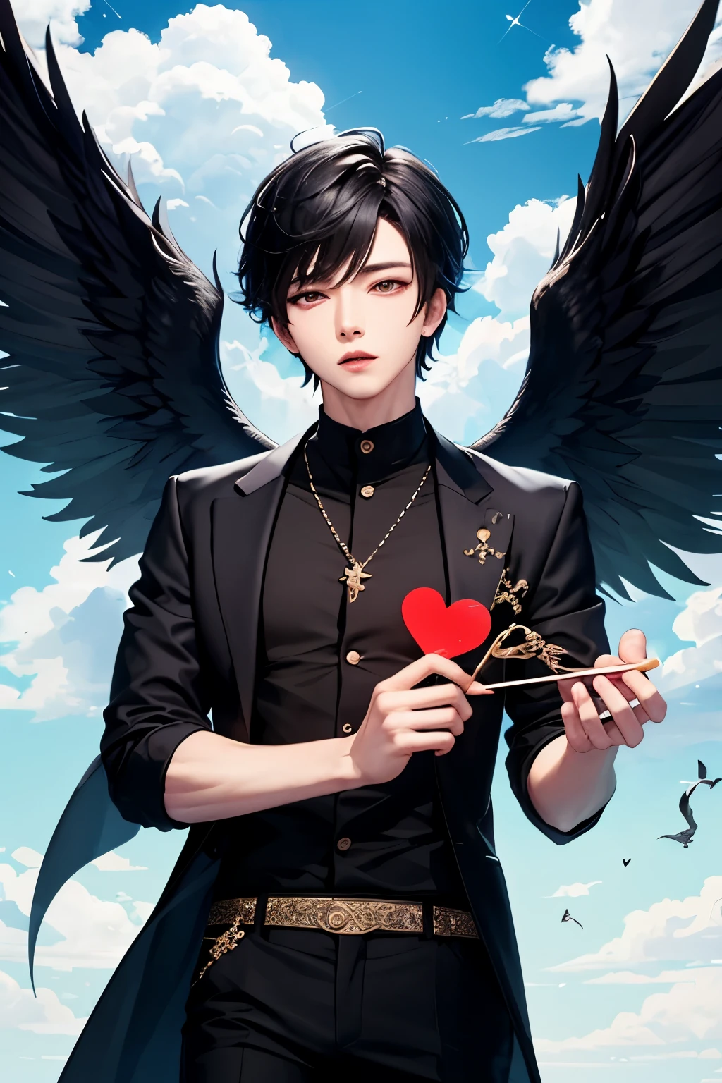 
Counterfeit-V3.0, ReV Animated, cupid man, boy, wings, clouds in background, black hair, sparkles, large sholders, black clothes, pants, men, close face, no datails face, looks like jiwoong from ZeroBaseOne
