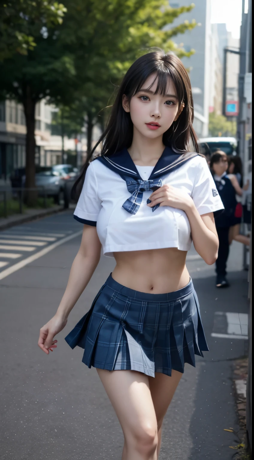 (highest quality:1.4), (Hyper Quality), (Ultra-high-definition realistic photos), Beautiful and young looking girl:1.2, very cute, Extremely beautiful, Great face and eyes, esotropia, Looking to the side, (A thin, short-sleeved white sailor school uniform), Cropped tops:1.2, (Low-rise micro mini skirt:1.3), (Bright light blue skirt:1.3), (Plaid pleated micro mini skirt), (Incredibly big and amazing boobs:1.4), (Super Slender:1.1), (Skinny and long thin legs:1.2), (Very small waist:1.2), Realistic skin texture, (bangs:1.3), Glossy and transparent lip gloss, The Beautiful Goddess Descends, Beautiful background, Golden Ratio, Conceptual Art, Very detailed, Accurate, Advanced Details, Outdoor, Sexy Art, Walking in the midsummer sunshine, Bright light, Super detailed illustration, High definition 8K wallpaper, Raw photo, Professional photos, Cinematic lighting, Written boundary depth, (No bra in uniform:1.2), belly button, (The shape of her nipples can be seen through her uniform), (Nipple protrusions push up the uniform), Her big breasts are stretched out from her uniform:1.2, (The underboob is visible:1.2), (High heels on bare feet)