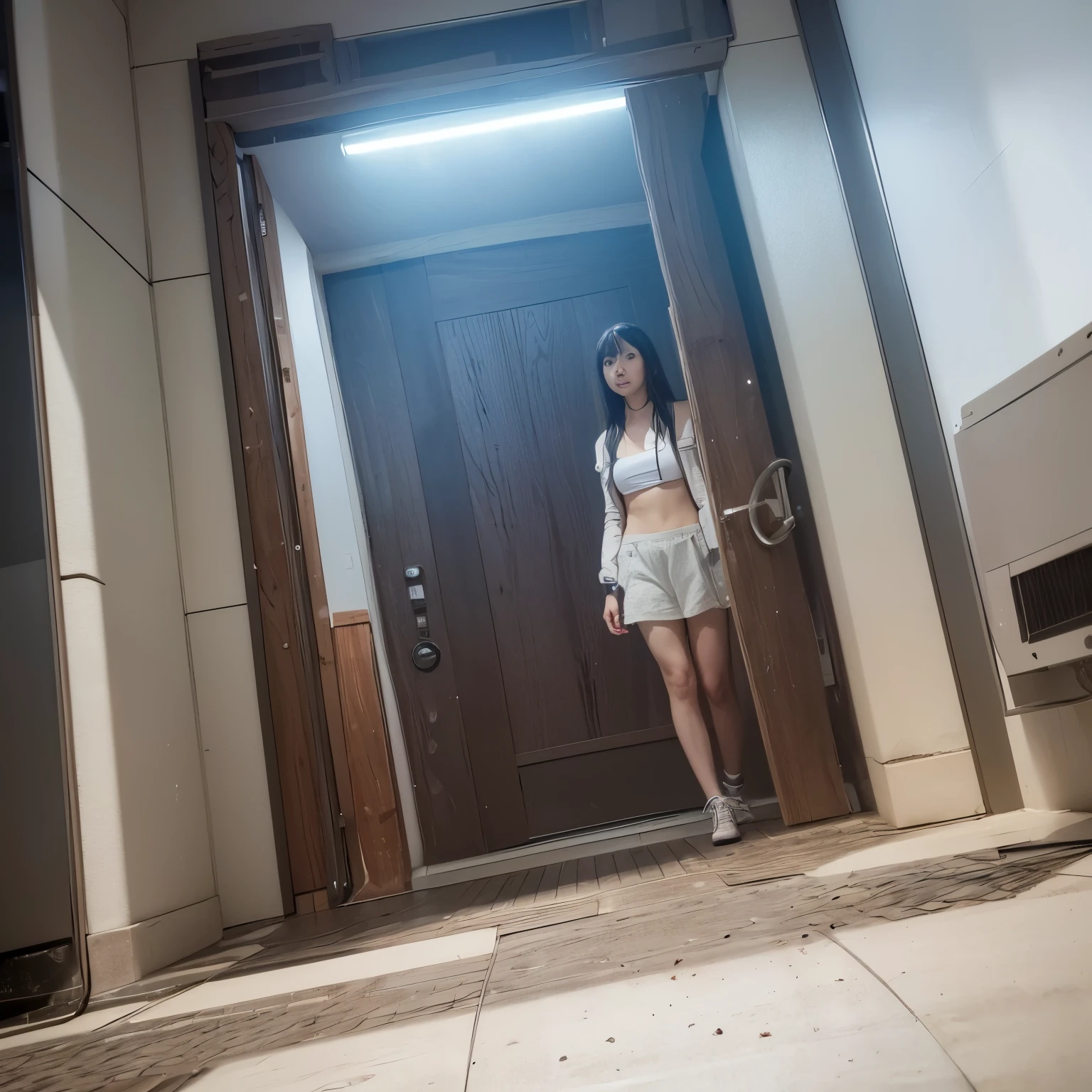 masterpiece, best quality, high definition, solo, small, indoors, shower room, white t-shirt, side tie t-back, disheveled underwear, wet full-body, rough breath, eruity, 17-year-old woman, drinking white liquid