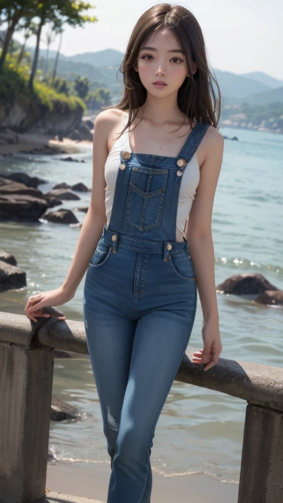 UHigh resolution, retina, masterpiece, Accurate, Anatomically correct, Textured skin, Super Detail, Attention to detail, high quality, Awards, 最high quality, High resolution, 1080p, High resolution, 4K, 8k, 16k、blue sea、Wide sky、deep sandy beach、Cute Girls、(((Denim overalls:1.2)))、Sunburn mark、Lay a sheet on the beach、Rest in seat、Prominent pubic creases:1.2、In the heat, Place your fingertips between your legs:1.5,((Very young and small breasted:1))、(Beautiful pussy lines:1.9)、(topless:1.2),Blonde Woman:1.3,