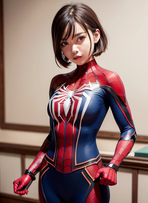 Attention to detail, 8k resolution, Ultra-high resolution, Young girl cute girl, short hair, Short Ponytail, color is transparent, Smooth Hair, clavicle, Exquisite and perfect features, the most beautiful big eyes, Long eyelashes, Silkworm's gentle eyes, smile, Dynamic Angle, Ultimate image quality、Highest precision, Accurate and perfect human anatomy, In the bedroom, ((Marvel Spider-Man Battle Suit)),See-through