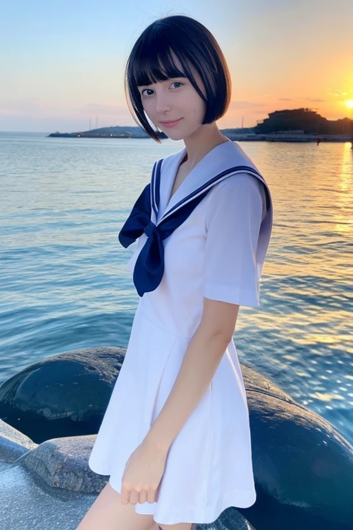 Ski Style, One girl, alone, Black Hair,  blue eyes, , View your viewers, Mole, bangs, short hair,  White dress, Summer sea sunset background, white sailor color, Mole under mouth, hair 、 Mouth closed, shirt, Ponytail Hair,photograph, Thin legs,whole body