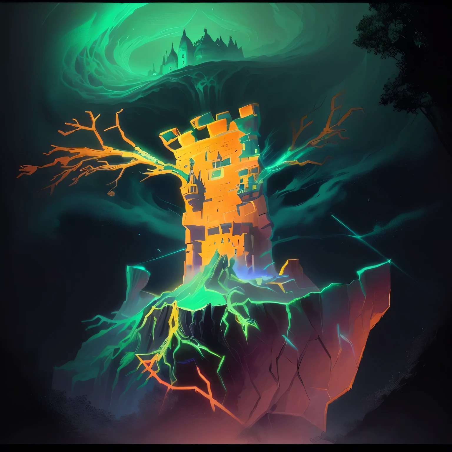 there is a drawing of a castle on a rock with a tree, Torre Mage Longe, the wizard's magical tower!!, torre do mago, caricatural e simplista, stylized digital illustration, Torre de feiticeiro, in a castle on an alien planet, castelo assustador)). mystic, castelo assustador). mystic, from an evil tree wizard, colorful illustration