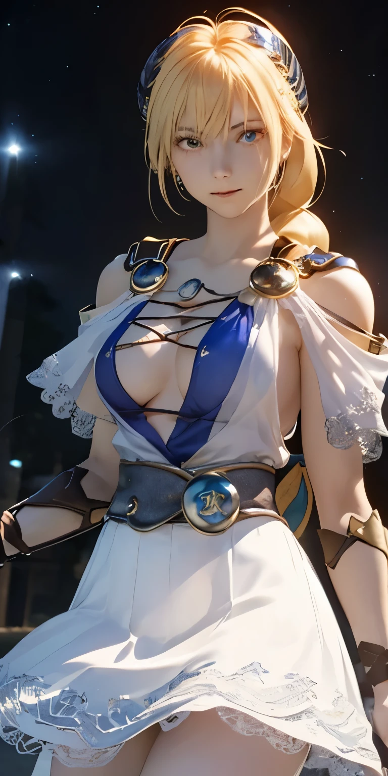 (masterpiece, best quality:1.3), Sophitia Alexandra, Soul Calibur, (upper body:1.5), anime, intricate detail, japanese style, 28 years old, look at viewer, gold hair, braid hair, (evil look:1.5), (empty eyes, simple eyes, glowing red:1.5), (skirt lift by my hands:1.5), (ruins blessed by the god Hephaestus, filled with a mystical air, beautiful stars spread out in a mysterious arrangement in the dark midnight:1.2),