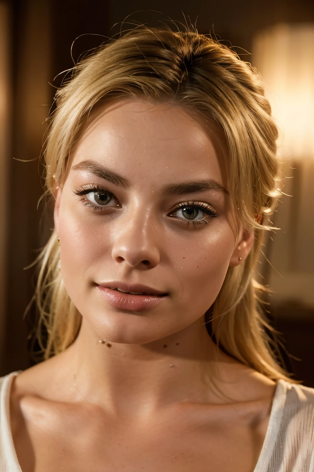 beautiful blonde woman that looks like margot robbie. face close portrait, ultra high definition, raw, 8k, cinematic lighting
