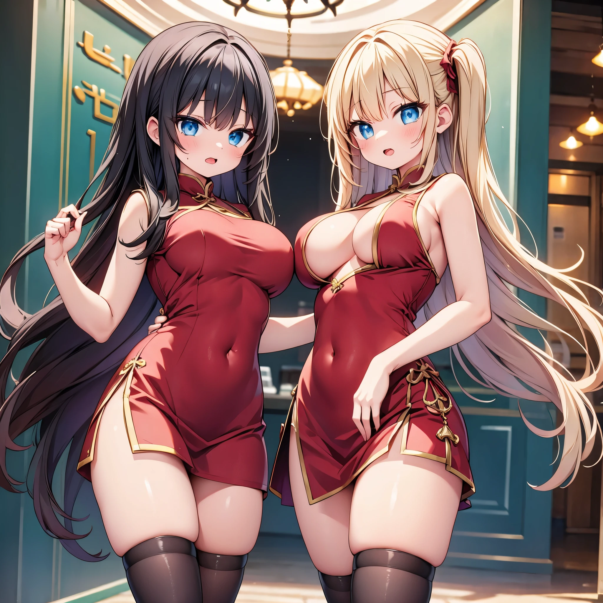 (cute eyes:1.2), (sparkling eyes:1.2), highest quality,wonderful,finely,extremely detailed CG Unity 8K wallpaper, (Stand in line:1.2), (3 girls, clothed), (red china dress:1.2), (Underboob:1.1), (open mouth:1.1), (long tongue:1.1), (mouth drool:1.1), (black stockings:1.1),(Thighs:1.2),(Waistline:1.2)