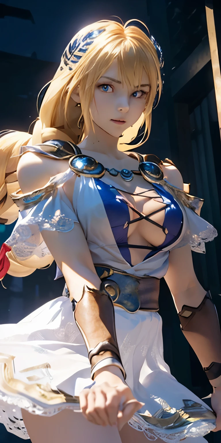 (masterpiece, best quality:1.3), Sophitia Alexandra, Soul Calibur, (upper body:1.5), anime, intricate detail, japanese style, 28 years old, look at viewer, gold hair, braid hair, (evil look:1.5), (empty eyes, simple eyes, glowing red:1.5), (skirt lift by my hands:1.5), (ruins blessed by the god Hephaestus, filled with a mystical air, beautiful stars spread out in a mysterious arrangement in the dark midnight:1.2),