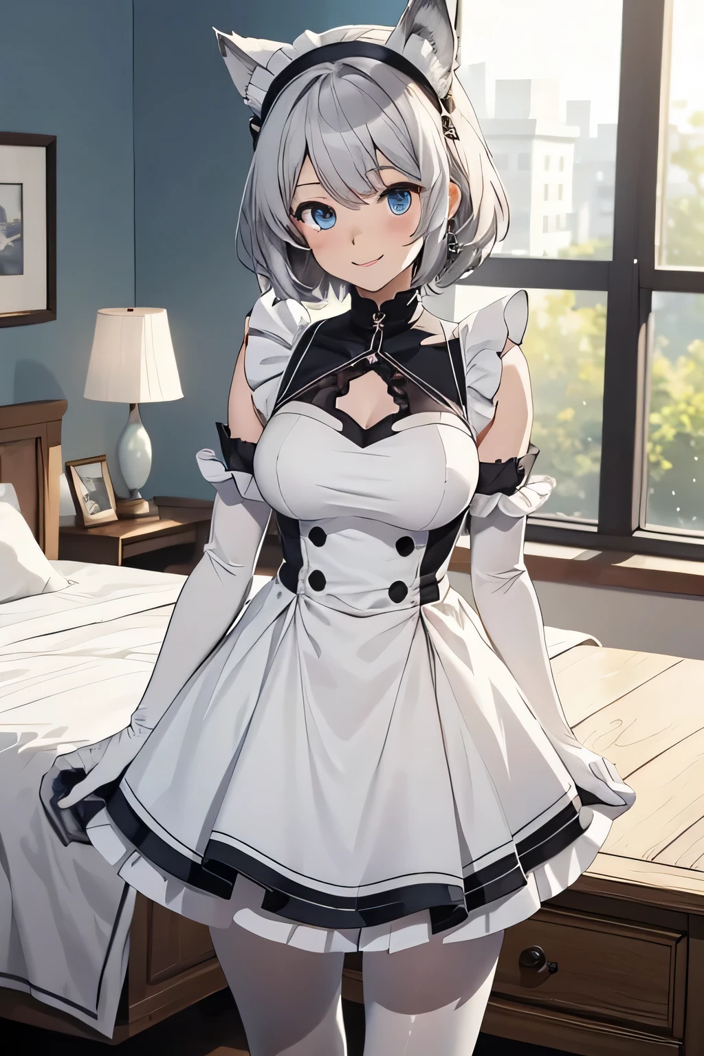 Tabletop Best image quality wonderful Attention to detail One Young Woman((Adult))Anime Style White maid outfit(Sleeveless) mini skirt snow-white gloves(Elbow Gloves) White Pantyhose(Plain) Wolf Ears short hair((Shortcuts)(Gray Hair)(Curly Hair)(fluffy)) smile(Happy) Eye color is blue background(Bedroom)