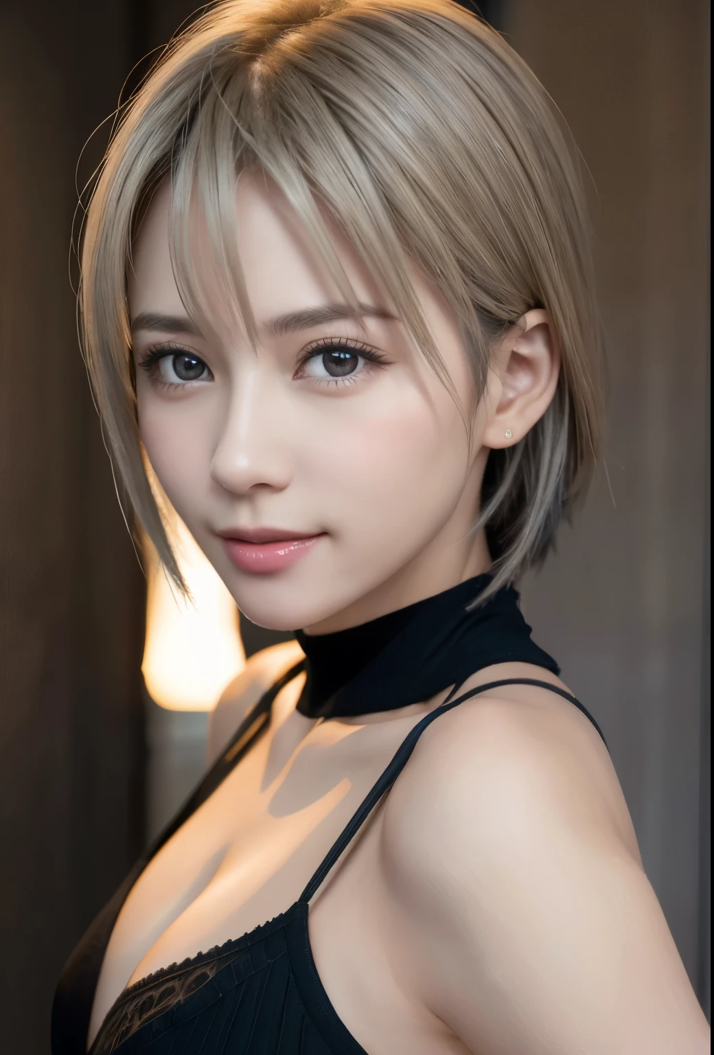 (8k, Realistic, RAW Photos, highest quality: 1.3), (One Girl), とてもbeautiful, (Realistic Face), (boyish, Silver color very short hair), beautiful , A brilliance that captivates the viewer, beautiful expression, beautiful breasts, (Realistic Skin), beautiful、smile