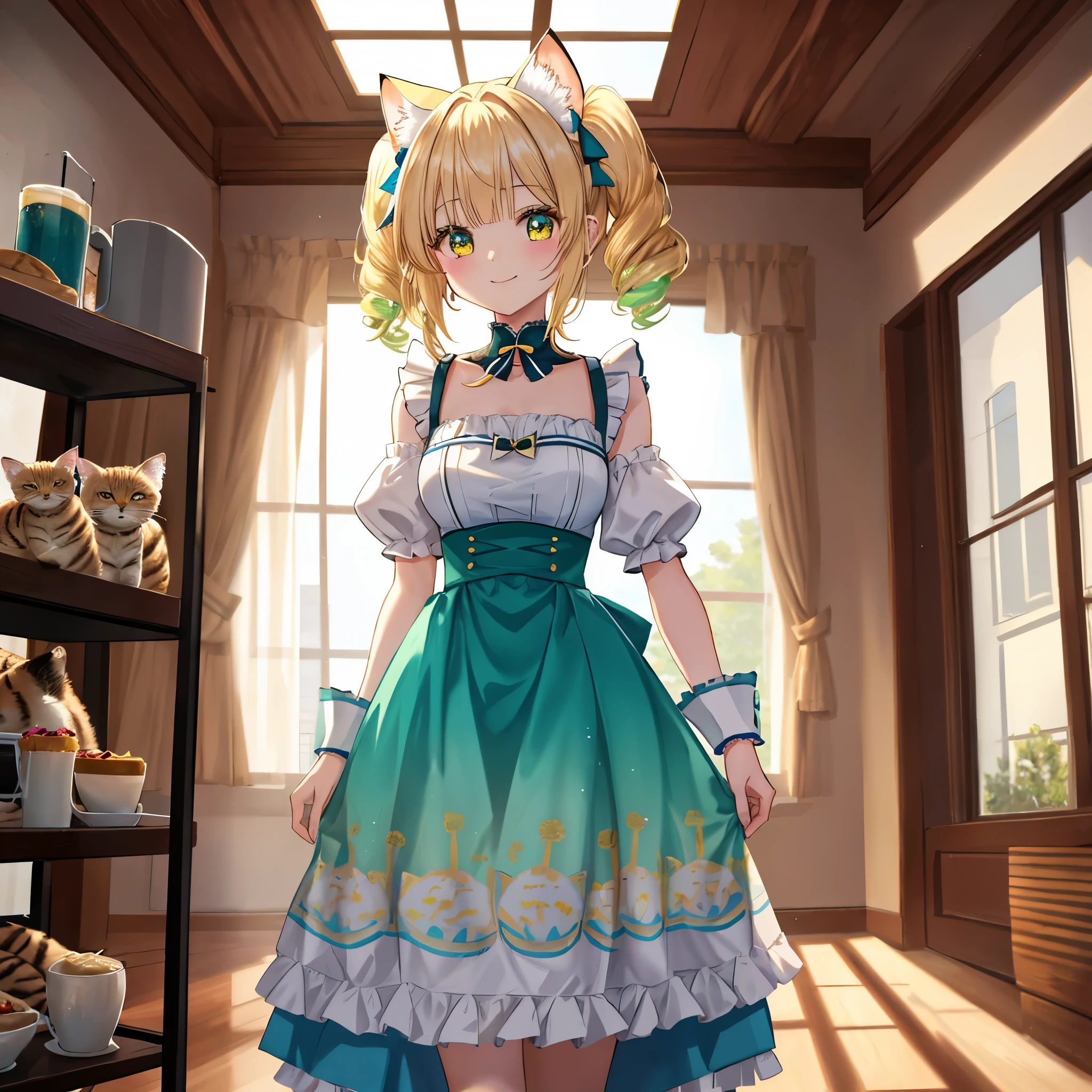 AI Illustration Prompt for Seart:
- **Theme**: A maid with the ears and tail of a sand cat, carrying breakfast
- **Number of Characters**: Single character - a girl
- **Worldview**: A fusion of anime and manga in a cafe setting
- **Body Type**: ,
- **Ears and Tail**: Ears and tail of a sand cat
- **Costume**: Maid outfit
- **Costume Color**: Pastel colors
- **Hairstyle**: Blonde twin tails
- **Hair Color**: Blonde hair and tail, with a slight gradient of blue and green
- **Presence and Details of Wings**: None
- **Props**: Carrying a tray with breakfast
- **Emotion**: Smiling, eyes sparkling
- **Movement**: Walking lightly with a tray
- **Perspective**: One-point perspective, character placed in the center of the screen
- **Composition**: Depicting the maid walking inside the cafe, with the interior of the cafe visible in the background
- **Background**: Cafe, morning sun shining through the window
- **Background Color**: Mainly gold, blue, and green, with light blue, yellow, silver, and deep red as sub-colors
- **Lighting**: Highlighted eyes, catchlight eyes, specular highlight eyes, morning sun illuminating the character
- **Style**: High-resolution official artwork or very detailed and intricate fan art style trending on ArtStation or Pixiv. Please refer to the original paintings of Kusheart Krentz, feminine style, Fate style, Enako style, Nozomi Sasaki style, Kanna Hashimoto style. Also incorporate real anime 2.5D style or real anime girls style
- **Quality Improvement**: Aim for absurd, highest quality, real, hyperreal, ultra-detailed illustrations using the golden ratio 1.2 and drawing board 1.3. Create a beautiful masterpiece with a large file size created in 64K. The resolution of the face is also high, and the lighting is perfectly finished. The resolution is 8K, ultra-high resolution: 1.2, selectable high resolution (HD, 4K, 8K, 16K, etc.). The color bit depth is 24 bits, 48 bits