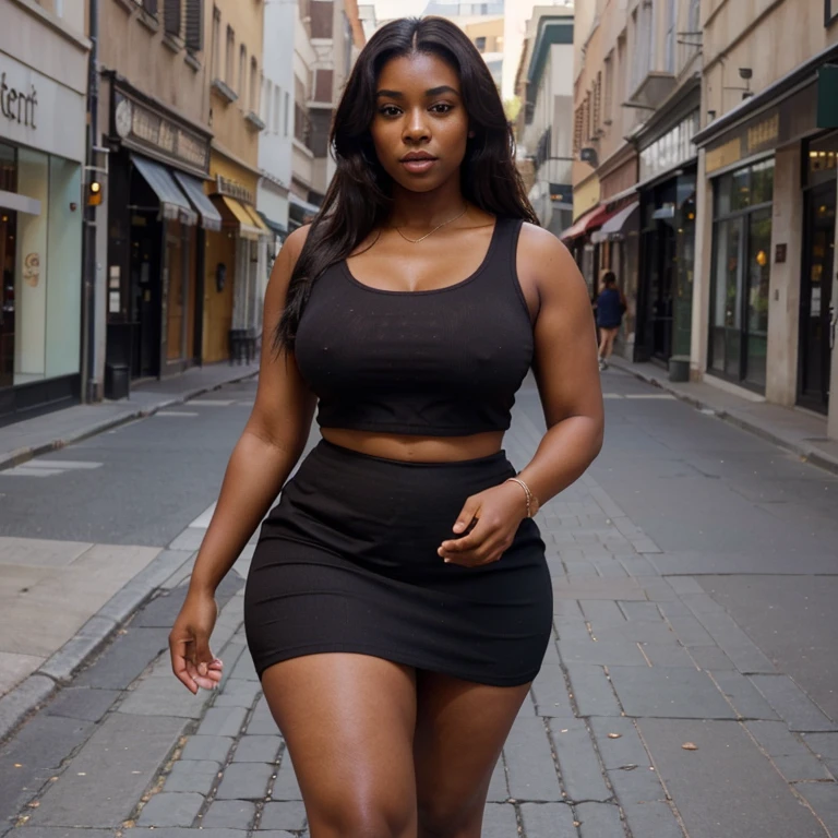 (best quality,realistic),(dark-skinned woman,beautifully proportioned woman:1.1),(standing:1.1),(125kg:1.1),(mini skirt,beautiful face,brown eyes),(curvy figure:1.05),(walking in the street)