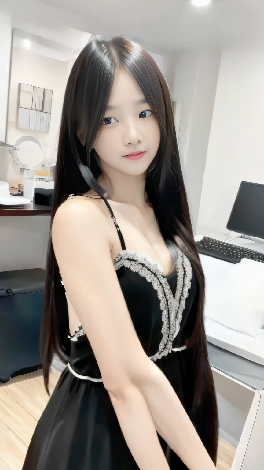 Ultra HD, The 8k quality, girl with, Very long hair, black blur dress, Detailed eyes, Front capture, unreal enginee 5, very cute bmangpor, sfw, decolletage, sexy