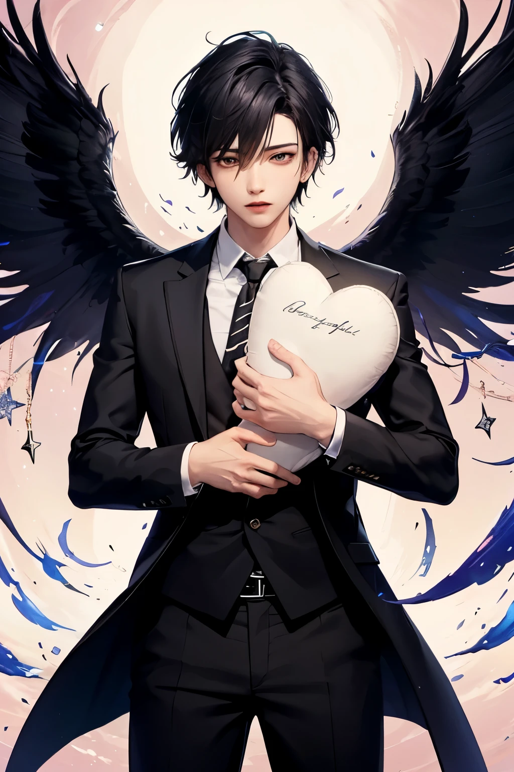 Counterfeit-V3.0, ReV Animated, cupid man, boy, wings, clouds in background, black hair, sparkles, large sholders, black clothes, pants, men, close face, no datails face, looks like jiwoong from ZeroBaseOne, marked jaw and less v line face