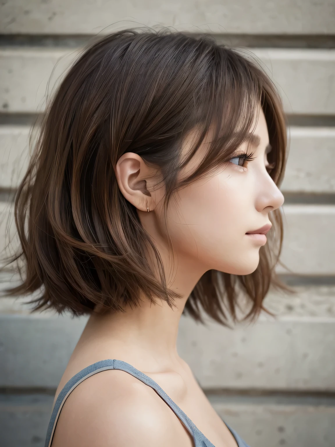 Hair like a live action,Concrete wall background,Her face in profile,Natural light,Bob Hair,Light Brown Hair,Realistic skin texture,Slightly rough skin,Fine and natural eyelashes