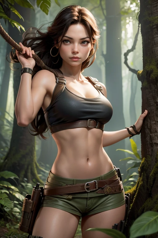 Best Quality, Masterpiece, Ultra High Resolution, (Photorealistic: 1.4), Raw Photo, 1 Girl, Off-the-shoulder, In Dark, Deep Shadow, Restrained, Cold Light, Detailed Skin, (Lara Croft), Forest --auto --s2
