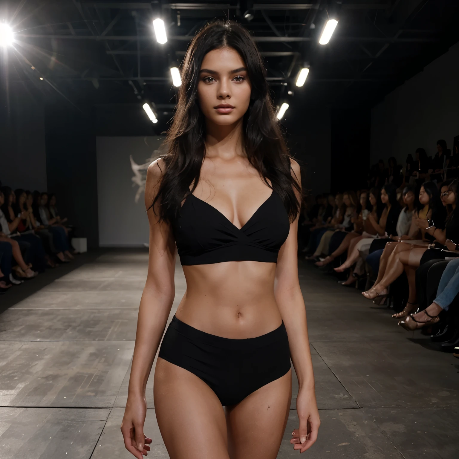 (a 21-year-old supermodel, fair skin, black hair, in a fashion runway show, strong shadows, ultra-realistic, ultra-detailed, real, 8k photo taken with a professional cinema camera)