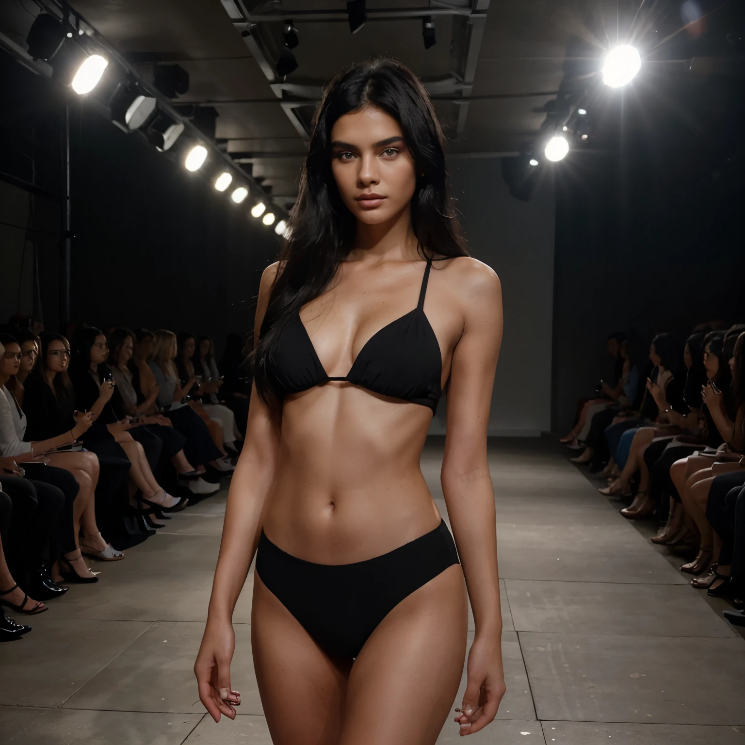 Photography, digital reflex photo, (8k, 4k, masterpiece), beautiful pretty sexy woman, (demi lovato), dramatic Photography, upper body in frame, dancing on stage, hands on the hips, Alone, 1 girl, a body, Skinny body, black bikini, diaphragm, belly button, smiling, united_dicephalus, (two heads:1.3)