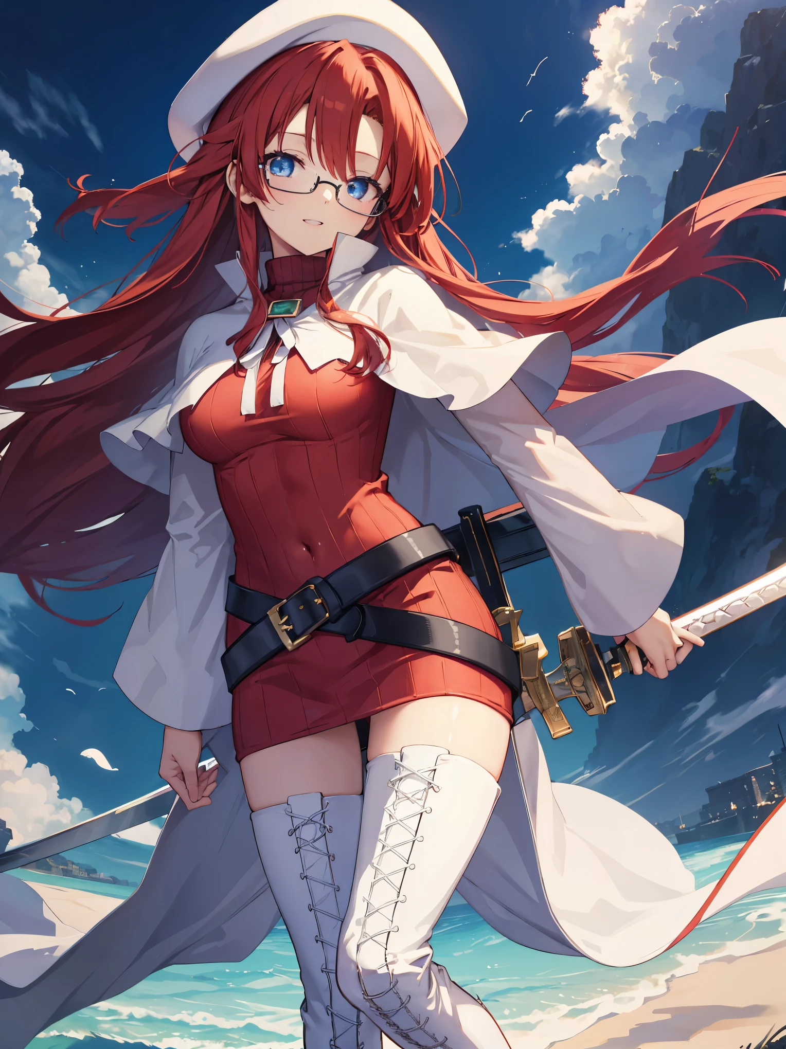summonnightaty, aty, long hair, blue eyes, red hair, beret, hat, glasses,
BREAK long hair, thighhighs, hat, dress, boots, glasses, belt, cape, sweater, zettai ryouiki, beret, thigh boots, white footwear, ribbed sweater, loose belt,solo,
BREAK outdoors, fantasy,on_a_ship,
BREAK (masterpiece:1.2), best quality, high resolution, unity 8k wallpaper, (illustration:0.8), (beautiful detailed eyes:1.6), extremely detailed face, perfect lighting, extremely detailed CG, (perfect hands, perfect anatomy),covered_nipples,covered_navel,light_smile ,(half_eyes:1.4),long_sword,edge,armpit,sleepy,dynamic_standing,red_sweater,apart_legs,magical_effect,pulmp,big_tits,light_open_mouth,prepare_a_sword