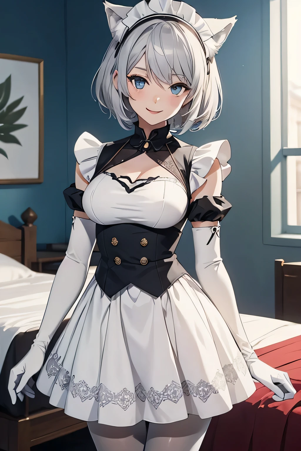 Tabletop Best image quality wonderful Attention to detail One Young Woman((Adult))Anime Style White maid outfit(Sleeveless) mini skirt snow-white gloves(Elbow Gloves) White Pantyhose(Plain) Wolf Ears short hair((Shortcuts)(Gray Hair)(Curly Hair)(fluffy)) smile(Happy) Eye color is blue background(Bedroom)