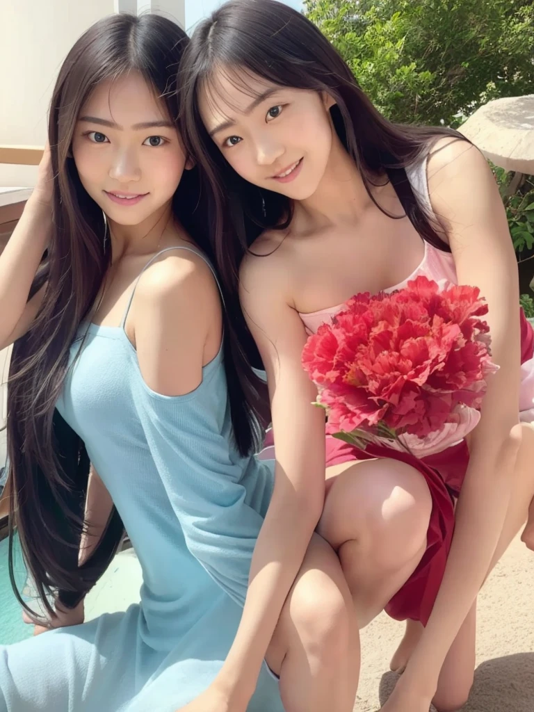 (((Two girls in love 20.0)))(((Highest quality、highest quality、Highest Resolution、Masterpiece、8k)))、(((Detailed face)))(((Cute face)))((()))(((teenage))tailed body)))(((Model Body Type)))(((Perfect podiline)))(((Big Breasts 1.0)))(((Seductive collarbone)))(((Beautiful cleavage)))、(((Long Straight Hair)))、Girl holding a bouquet of carnations、(((Carnation petal flurry)))、(((Carnation Paradise)))、(((Carnation Coordination)))(((Carnation Gifts)))、(((A kind smile)))、(((Two girls in dynamic poses)))