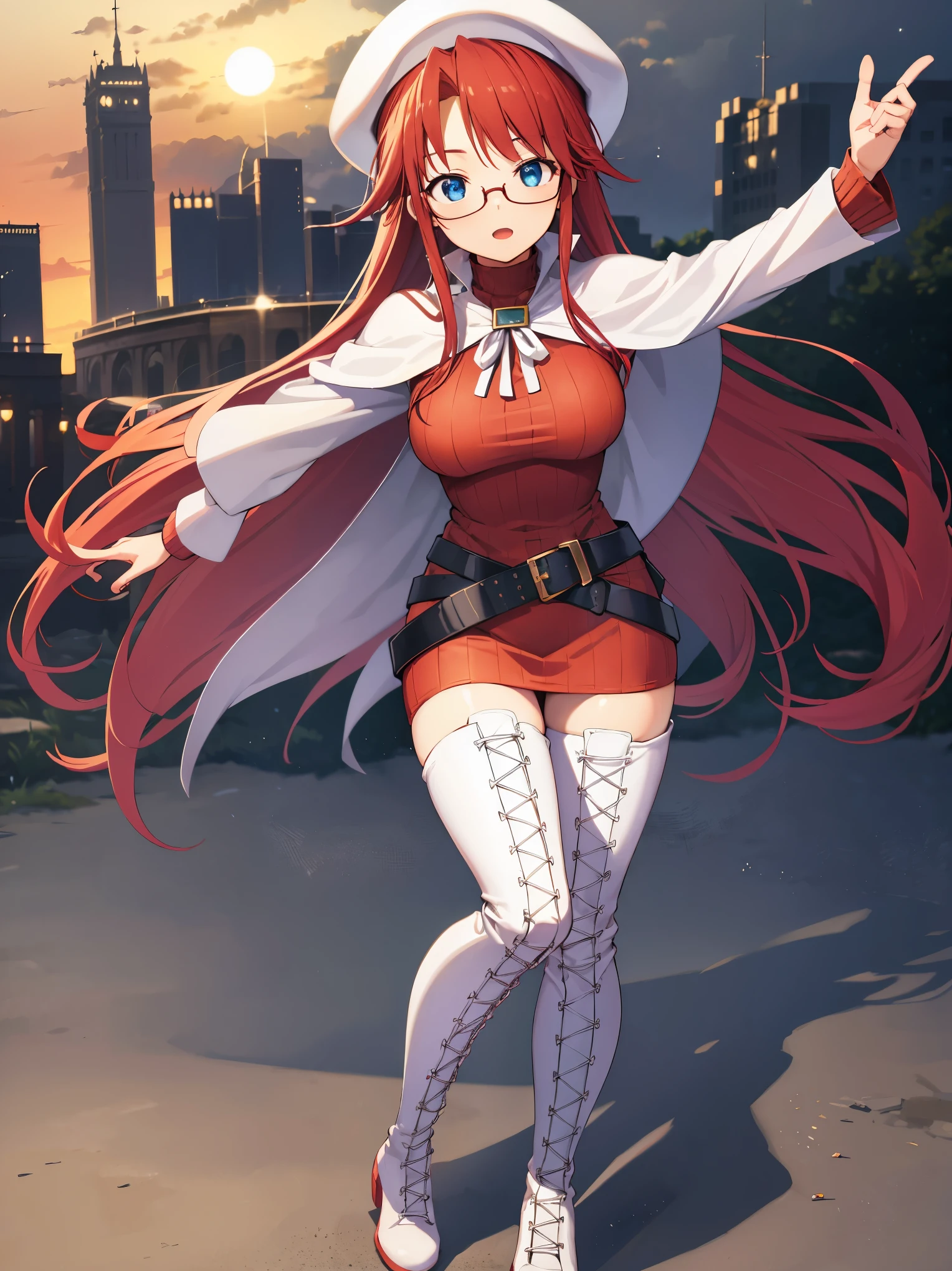 summonnightaty, aty, long hair, blue eyes, red hair, beret, hat, glasses,
BREAK long hair, thighhighs, hat, dress, boots, glasses, belt, cape, sweater, zettai ryouiki, beret, thigh boots, white footwear, ribbed sweater, loose belt,solo,
BREAK outdoors, fantasy,on_a_ship,
BREAK (masterpiece:1.2), best quality, high resolution, unity 8k wallpaper, (illustration:0.8), (beautiful detailed eyes:1.6), extremely detailed face, perfect lighting, extremely detailed CG, (perfect hands, perfect anatomy),covered_nipples,covered_navel,light_smile ,(half_eyes:1.4),long_sword,edge,armpit,sleepy,dynamic_standing,red_sweater,apart_legs,magical_effect,pulmp,big_tits,light_open_mouth,prepare_a_sword